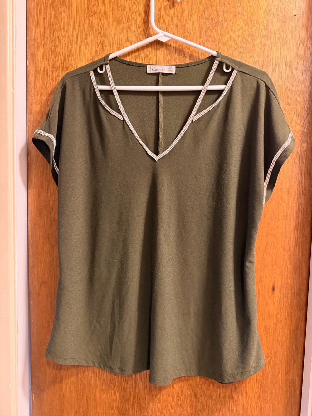 Madison Olive Green V-Neck Top with Contrast Trim